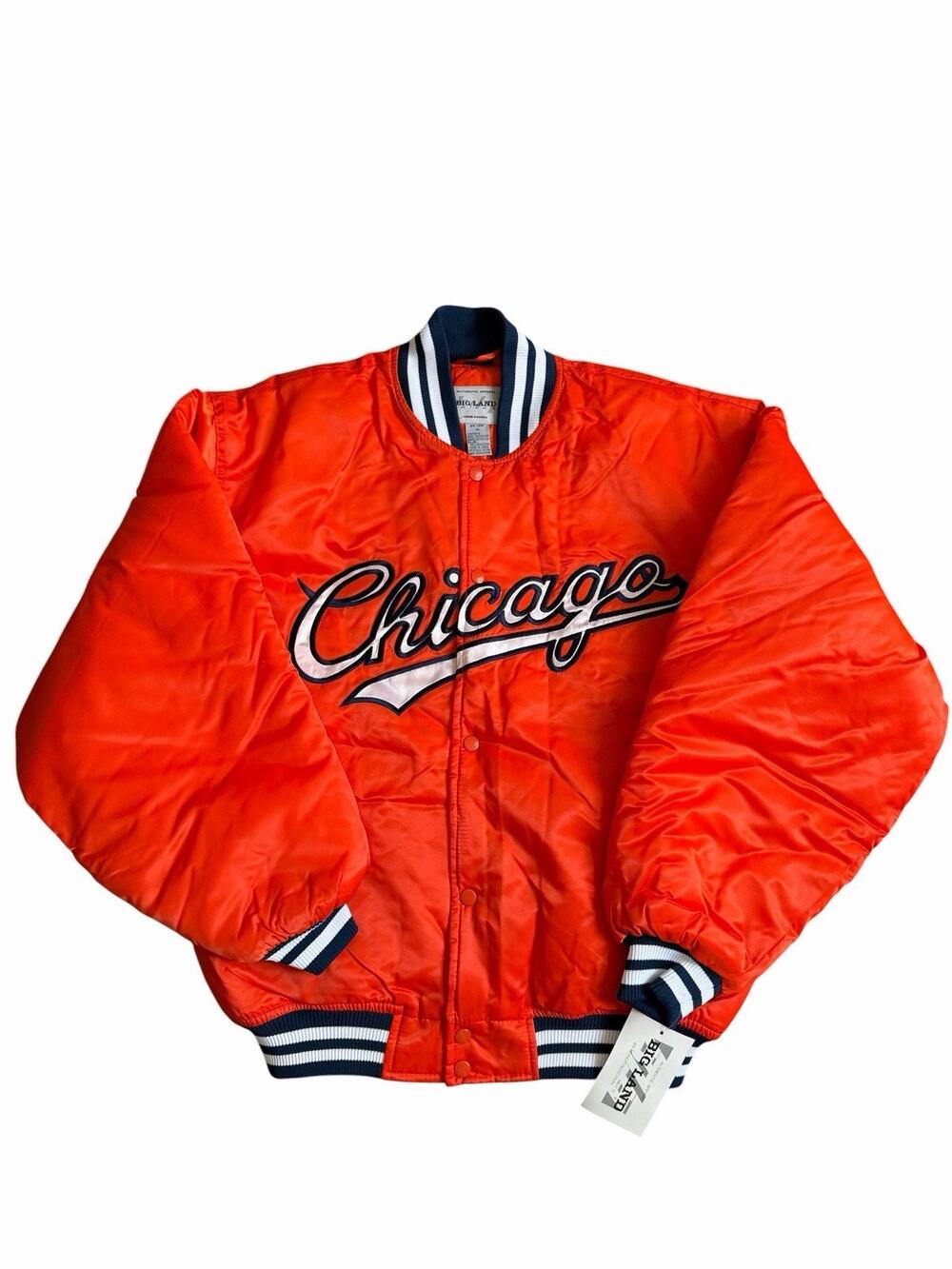 Vintage 90s Big Land Chicago Satin Bomber Jacket Orange Made Korea NWT M